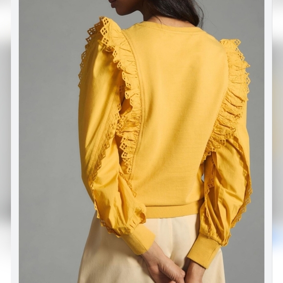 Anthropologie, New, Marigold Yellow Eyelet Ruffle Sleeve Sweatshirt Top SZ XL - Picture 12 of 14